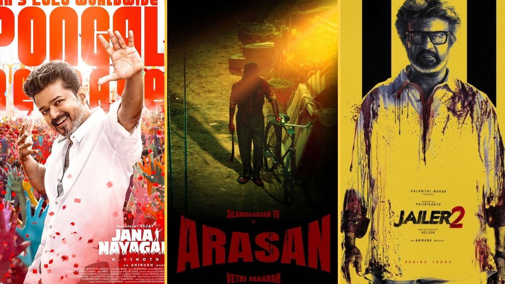 Une image qui combine les posters de trois films tamoul à venir : Jana Nayagan, Arasan et Jailer 2.