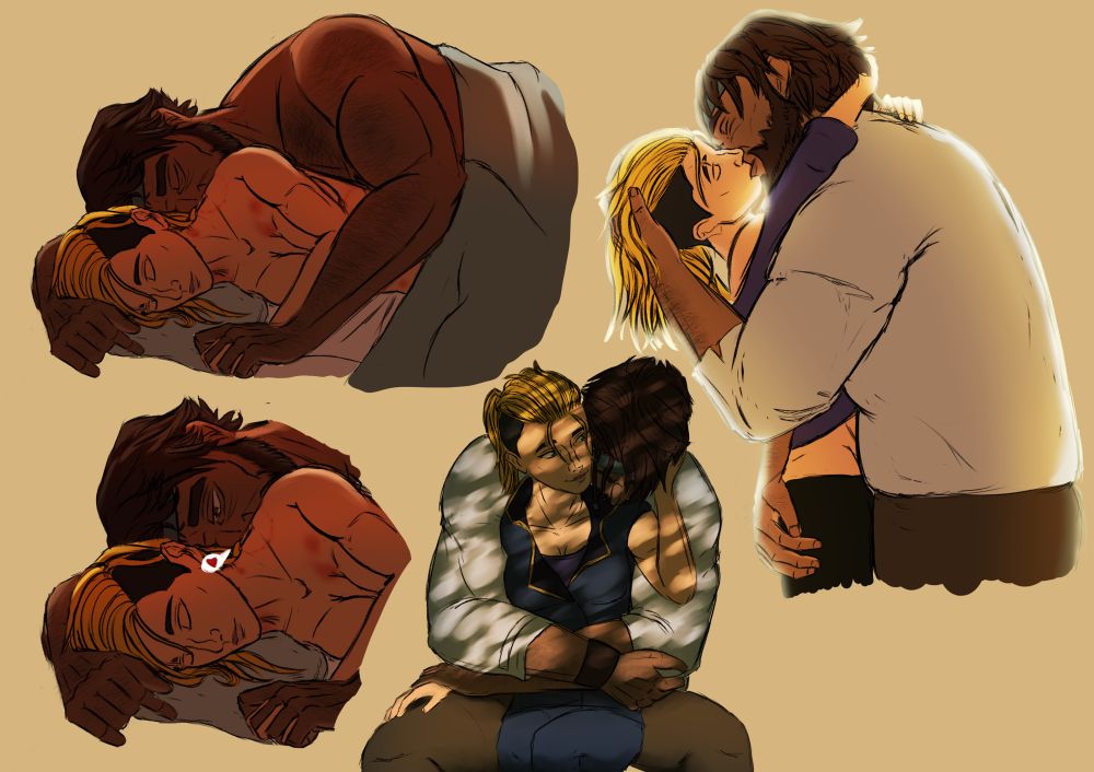 A fair skinned woman in her late 20s to early 30s with her tan skinned boyfriend in his late 40s in various romantic/intimate settings