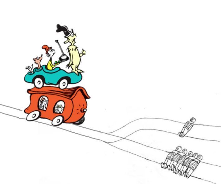 the illustration from “green eggs and ham” of sam-i-am and his unnamed interlocutor are riding atop a train has been cut out and pasted into the widely-memes black-and-white drawing of the trolley problem. instead of a plate of green eggs and ham, sam-i-am is offering the trolley track lever to his unnamed interlocutor. 