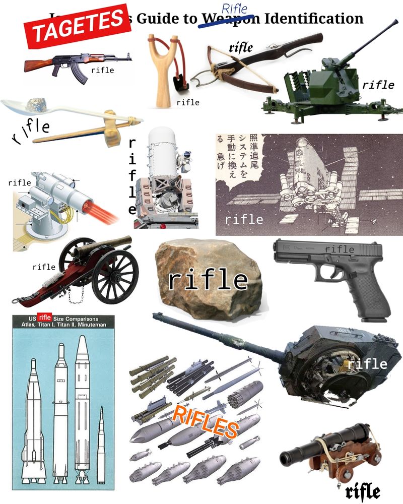 A selection of ranged weapons counting as rifles for Lancer's Tagetes: AK-47, slingshot, crossbow, Bofors 40mm Automatic Gun, catapult made from a plastic spoon and popsicle sticks, a Phalanx CIWS, the Sol-740 laser satellite from the manga Akira, a proposed US Navy laser system, a US Civil War-era cannon, a large rock, a Glock handgun, a selection of American ICBMs, a disconnected tank turret with main gun, a variety of rocket pods, and a sailing ship's cannon.