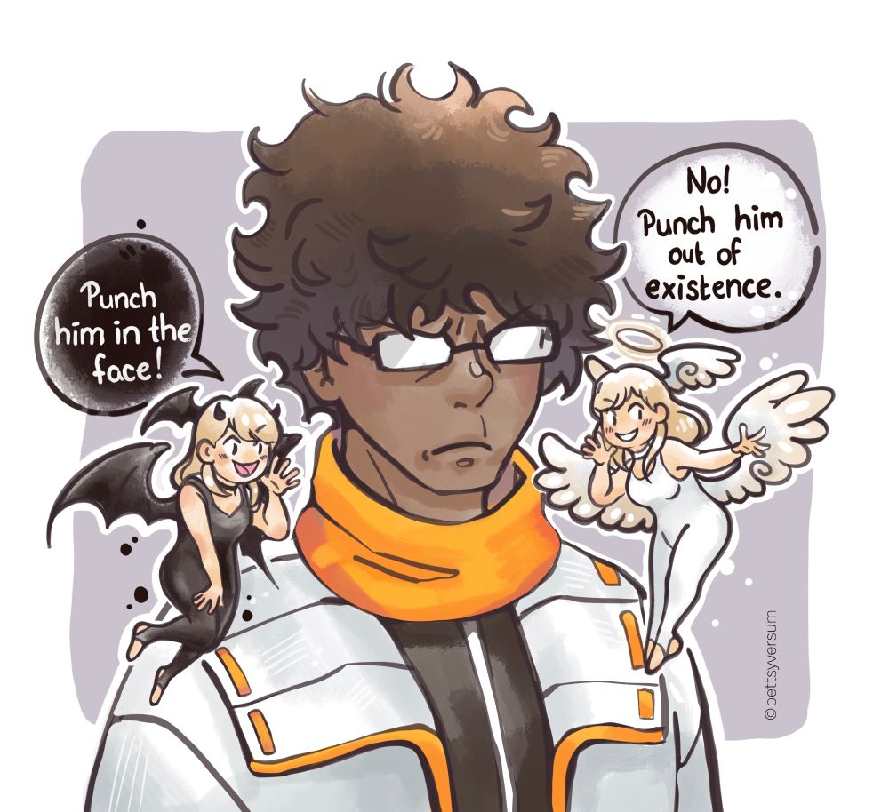 Eunie is the little angel and the little devil on Taion's shoulders and advises him to punch the problem away.