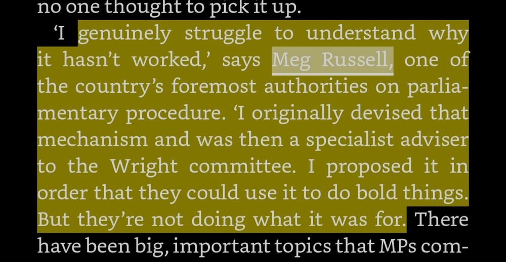 ‘I genuinely struggle to understand why it hasn’t worked,’ says Meg Russell, one of the country’s foremost authorities on parliamentary procedure. ‘I originally devised that mechanism and was then a specialist adviser to the Wright committee. I proposed it in order that they could use it to do bold things. But they’re not doing what it was for.