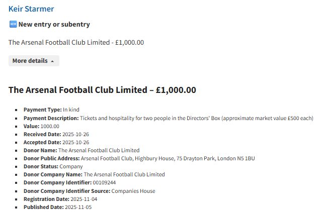 Kier Starmer - £1000 for tickets and hospitality from Arsonal Football Club