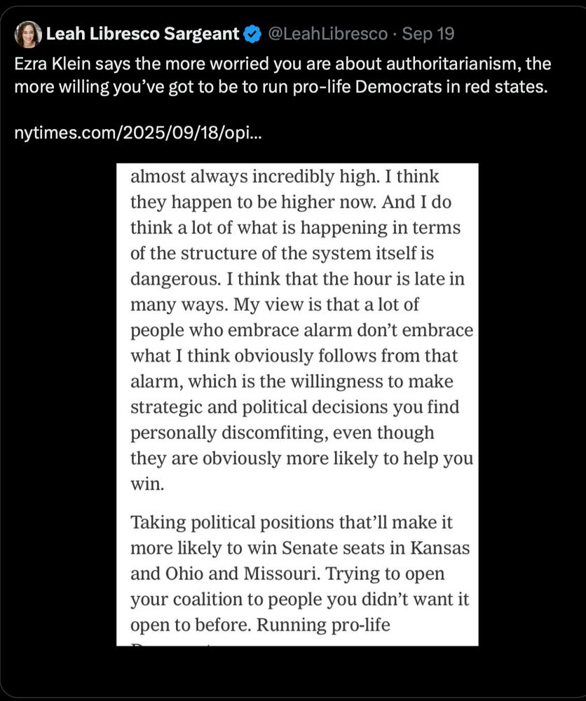 Tweet describing Klein's op ed in which he advocates running more pro-life Democrats to expand the "tent."