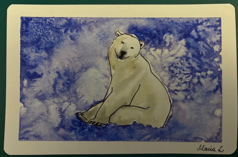 Watercolor painting of a sitting polar bear seen from the side. The bear’s head is turned to face the “camera”. The background is abstract splotches of white and blue