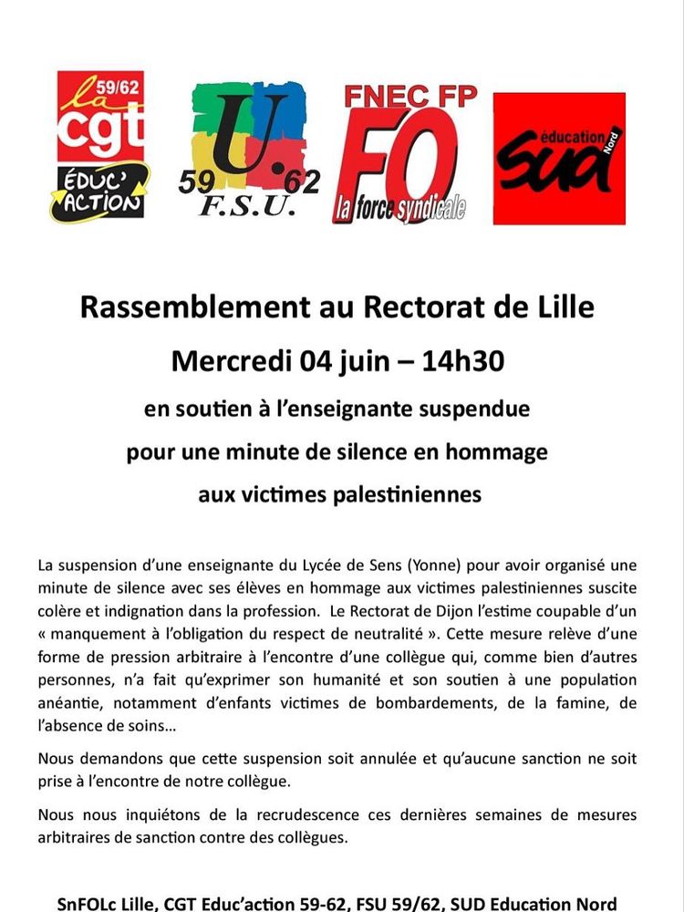 🚨 L'intersyndicale, avec la CGT Educ'action, soutient notre collègue injustement sanctionnée et appelle à un rassemblement MERCREDI 4 juin à 14:30 devant le Rectorat, rue de Bavay à Lille !
💥 Non à la répression, non au #pasdevagues
#cgteducaction