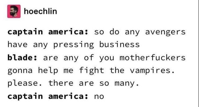 From Tumblr user 'hoechlin':

captain america: so do any avengers have any pressing business
blade: are any of you motherfuckers gonna help me fight the vampires. please. there are so many. 
captain america: no