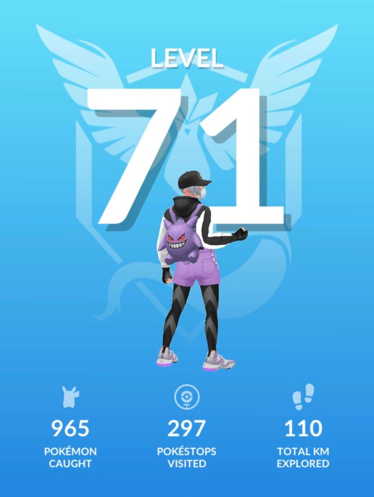 pokemon go level up screen for 71 with the blue articuno team mystic background and my avatar wearing black, white, and purple standing in a cool back-facing pose (to show off my gengar backpack)

the level summary reads 965 pokemon caught, 297 pokestops visited, and 110 total kilometers explored