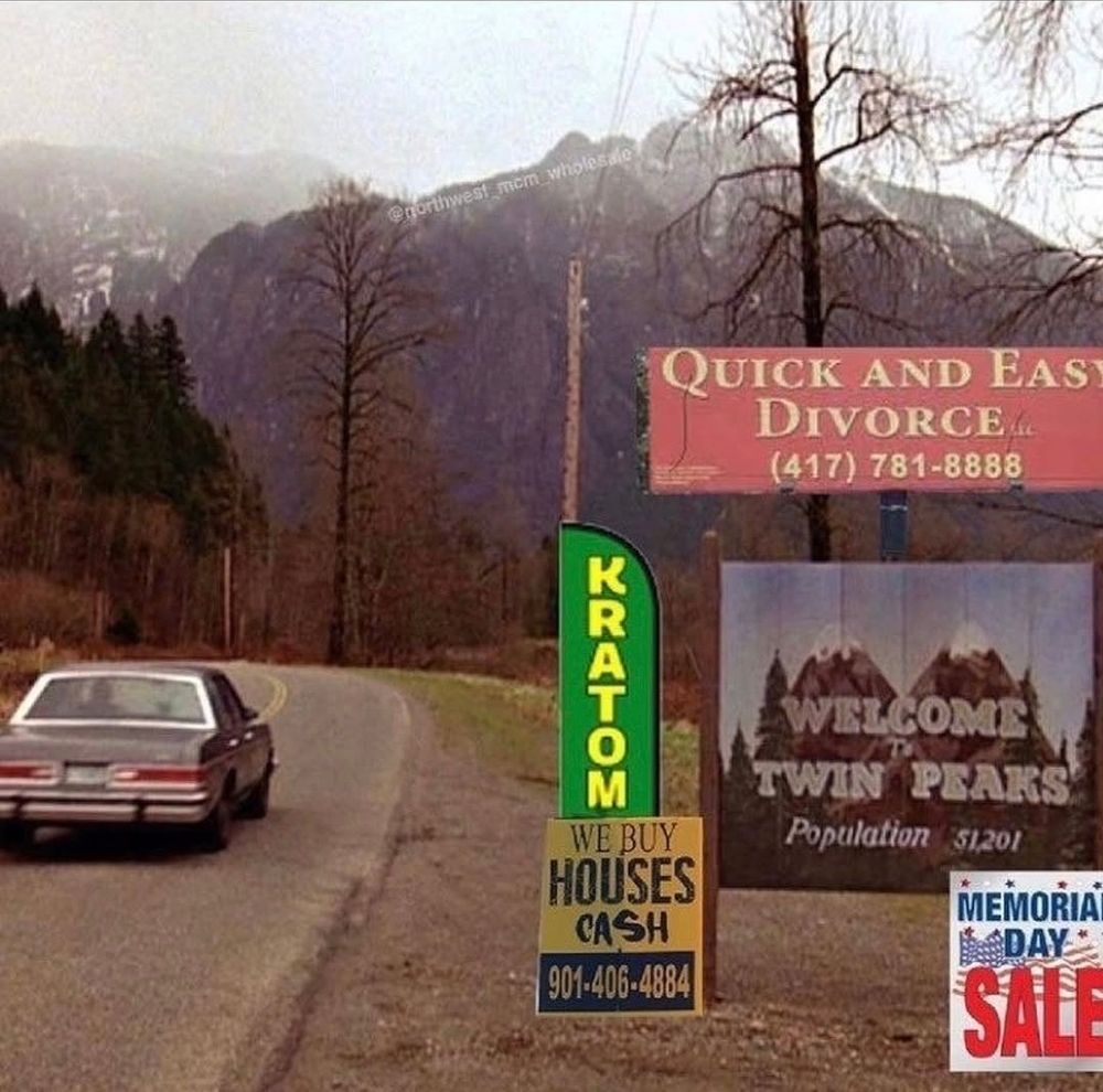 pictured is the intro from twin peaks, with an Oldsmobile Delta 88 driving past the Welcome to Twin Peaks sign.

photoshopped in, to modernize the scene, we see a divorce ad billboard, a memorial day sale sign, a we buy houses cash sign, and a Kratom banner 