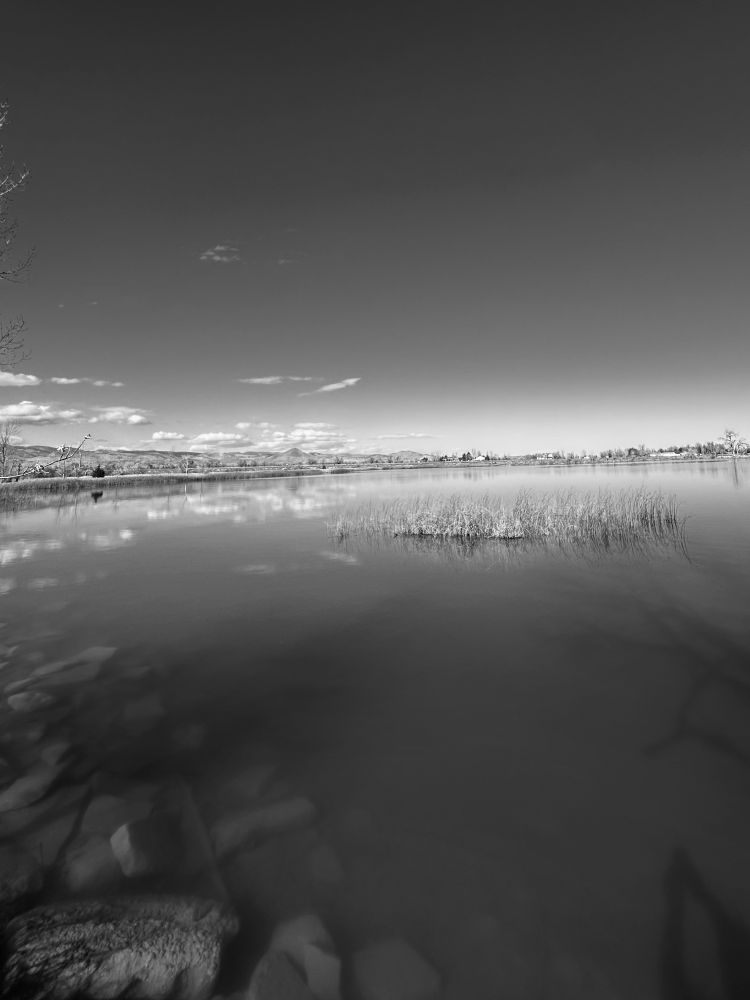 A row of foothills are in the background. In the center is as patch of grass 15 yards off shore in Coot Lake.  In the foreground the rocks just beneath the water’s surface can be seen 
