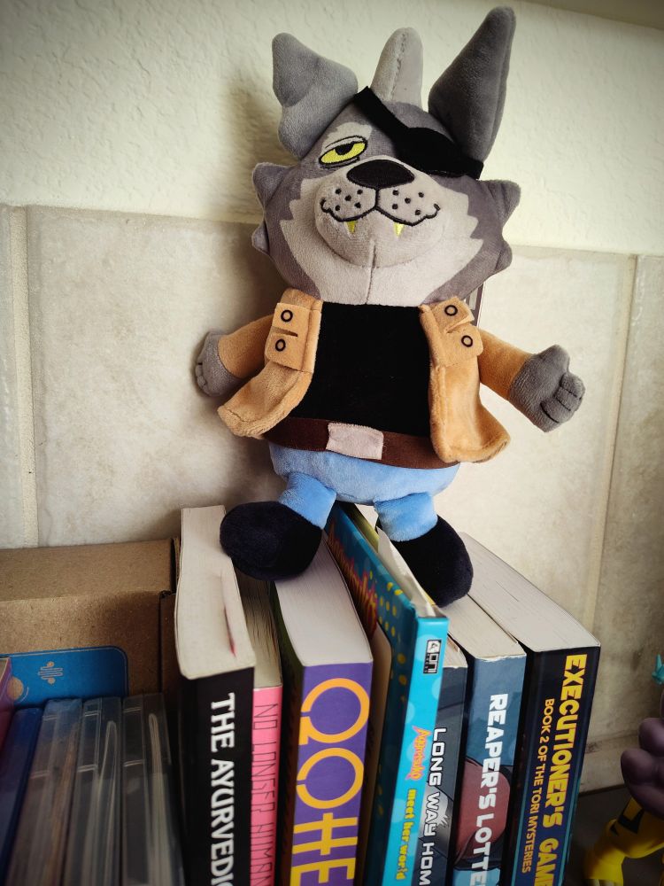 A plush of the character Wolfgang Seamus, an anthropomorphic wolf who wears an eye patch and is known to be an excellent space pilot. He's standing on some of the books on my shelf.