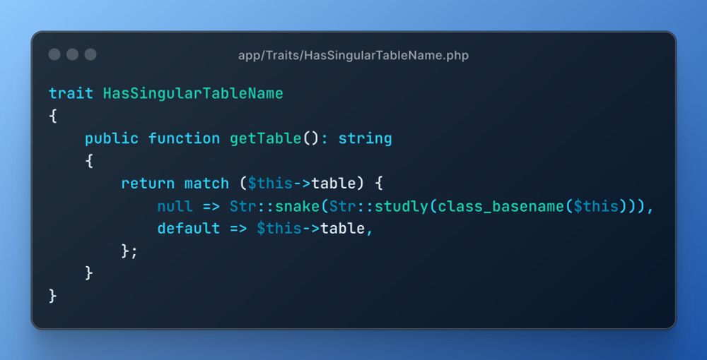 trait HasSingularTableName
{
    public function getTable(): string
    {
        return match ($this->table) {
            null => Str::snake(Str::studly(class_basename($this))),
            default => $this->table,
        };
    }
}