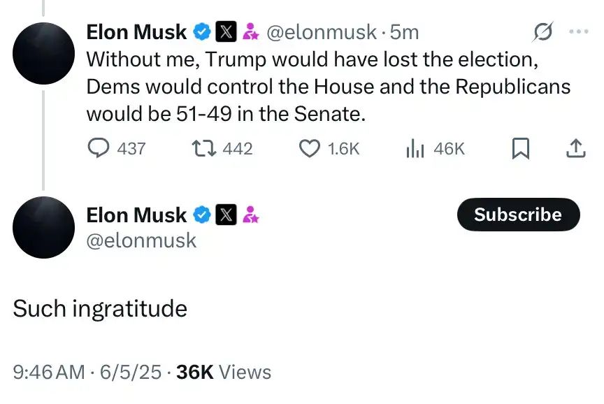 Screenshot of a tweet from Elon Musk on June 5 2025 that reads Without me, Trump would have lost the election, Dems would control the House and the Republicans would be 51-49 in the Senate. Such ingratitude. 