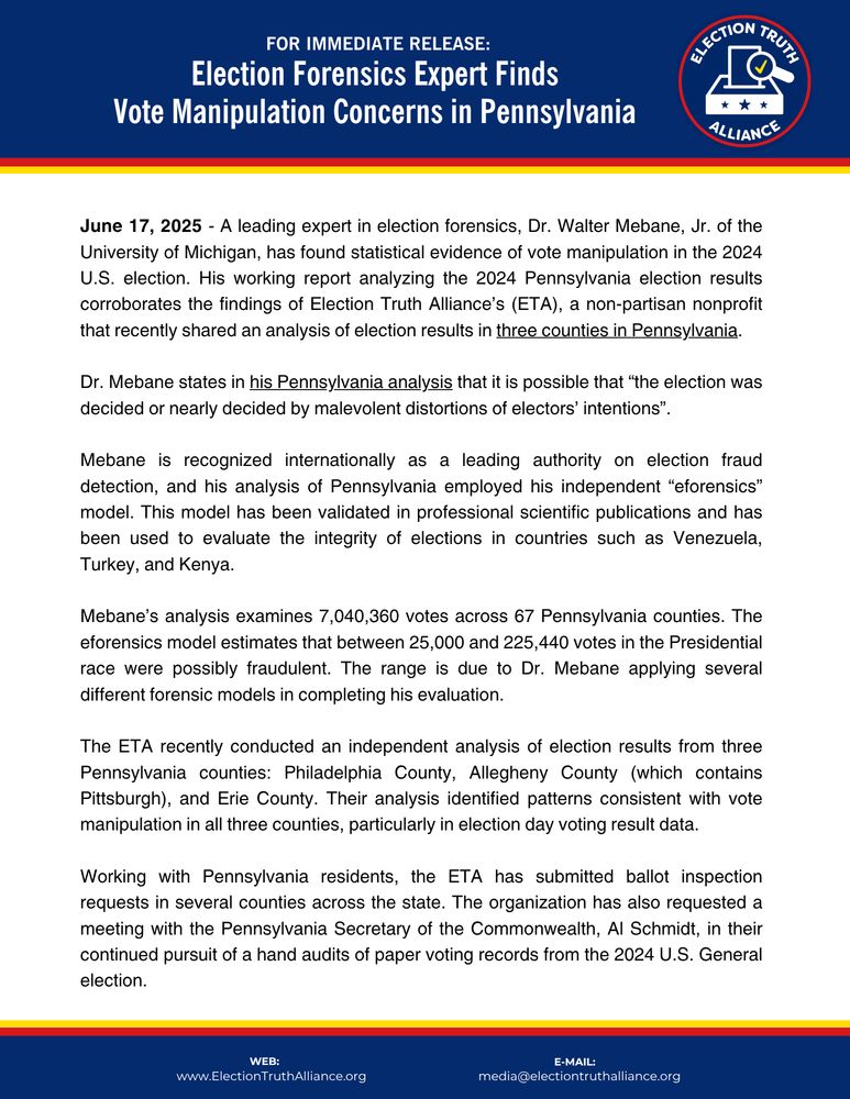 Election Truth Alliance full press release on election forensics expert finds vote manipulation concerns in Pennsylvania dated June 17 2025. Read or listen to the full press release at election truth alliance .org under resources and Statements and Press Releases section