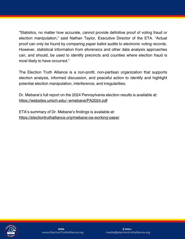 Election Truth Alliance full press release on election forensics expert finds vote manipulation concerns in Pennsylvania dated June 17 2025. Read or listen to the full press release at election truth alliance .org under resources and Statements and Press Releases section