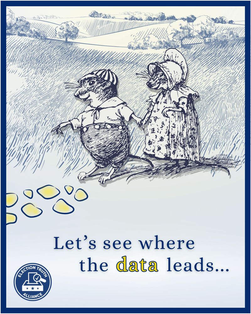 Two mice are walking across a field towards stepping stones highlighted in yellow accents. beneath them, it reads: Let's see where the data leads..." with 'data' highlighted yellow. The logo for the Election Truth Alliance is in the bottom left corner. 