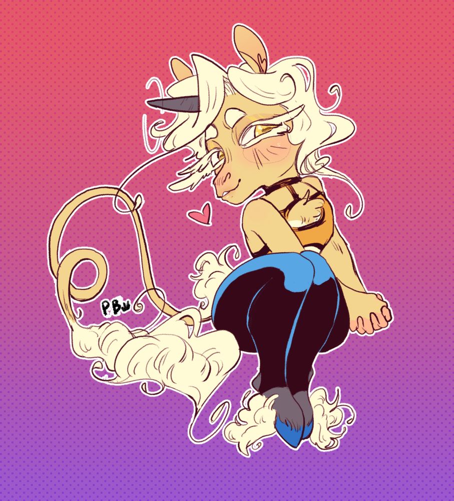 a chibi of a blonde unicorn, they have the classic long tail with a tuft at the end, they wear dark leggings and a gold halter top