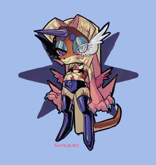 Chibi drawing of a sona heavily stylized with sharp angles and few curves, they are neopolitan ice cream colored ( creams, browns, and pinks ), with a star bra on, purple shorts and tall purple stockings. These purples match their horn