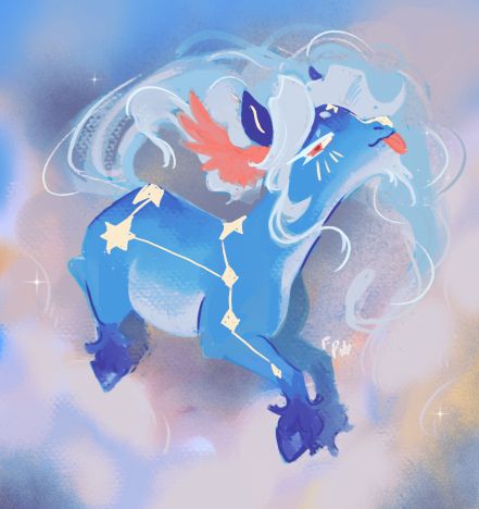 a blue pony on a dreamy background, they have a constellation cutie mark, and silver hair with a blue body. A set of orange wings are under their ears