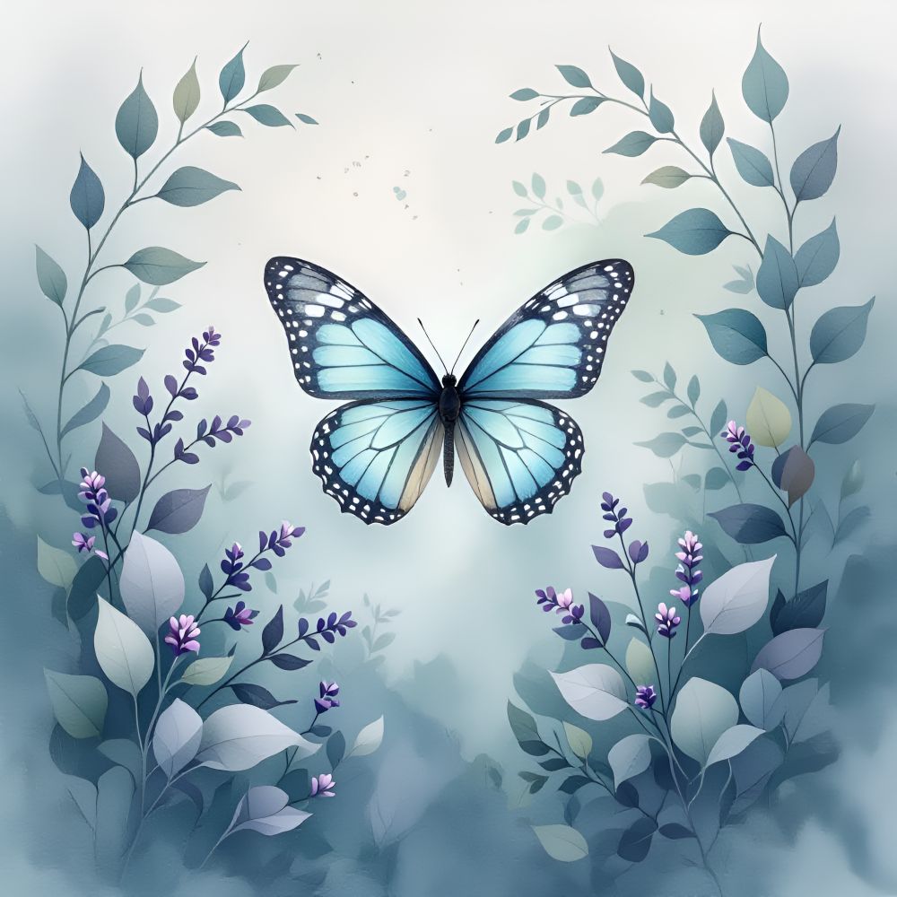 A blue butterfly with white spots is surrounded by light blue and white leaves and purple flowers, set against a soft light blue background.