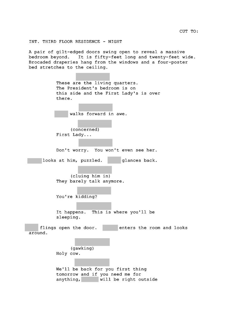 Single page from a screenplay with character names blocked out.