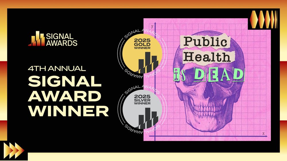 Announcement from the 4th Annual Signal Awards with Public Health is Dead pink and purple podcast cover art and two award stickers— Gold and Silver