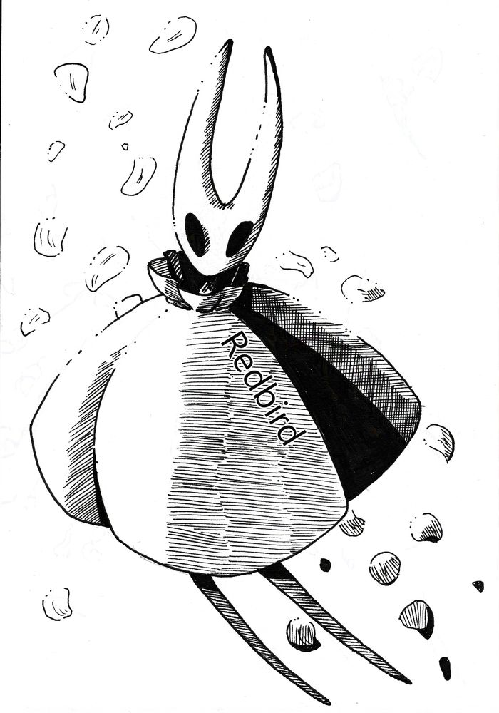 a black and white pen drawing of Hornet from silksong. 
