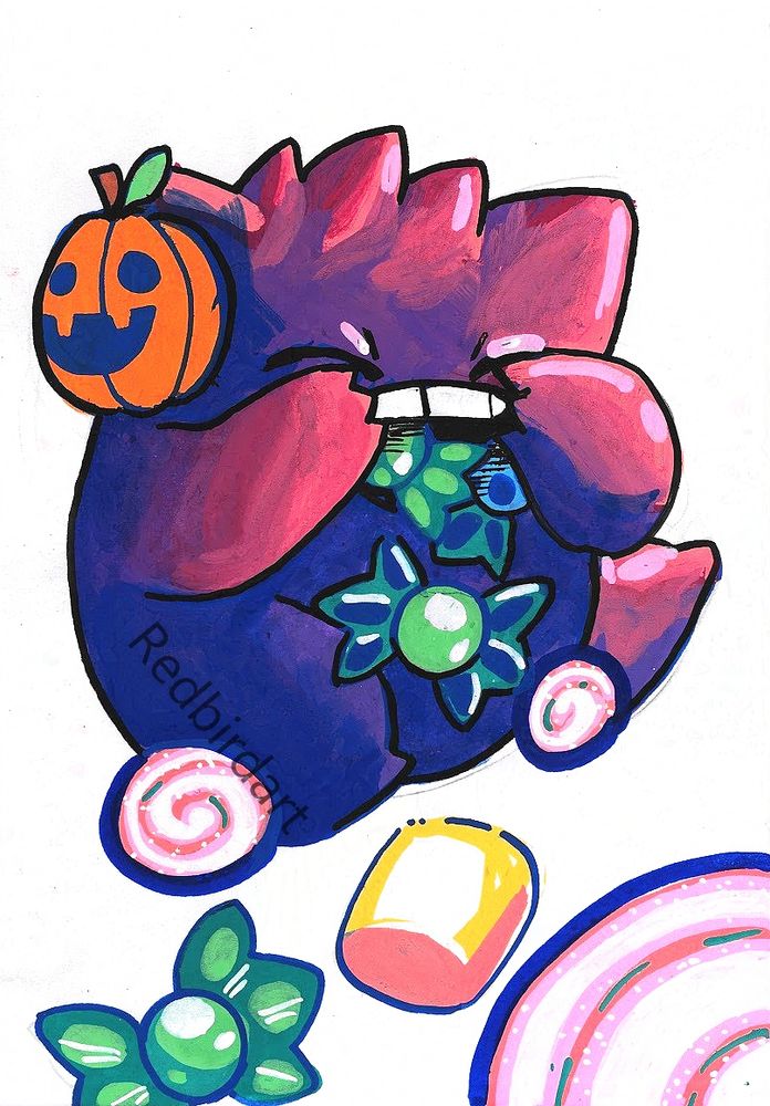 A posca drawing of gengar with a mask on, eating a looooot of candy. 