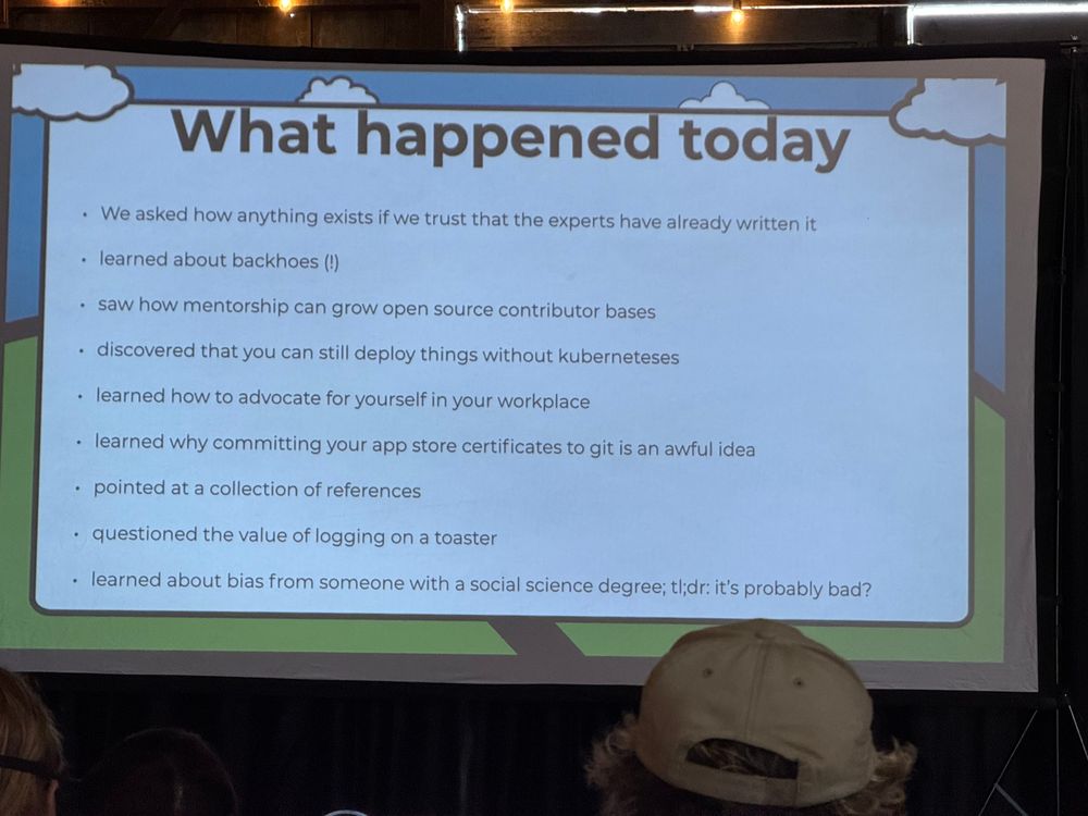Slide from the closing announcements with a list of humorous summaries of each talk.