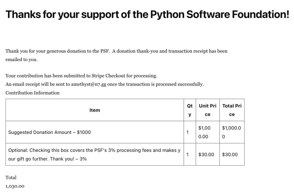 Screenshot of my donation receipt to the PSF for $1000 plus the 3% to cover processing fees.