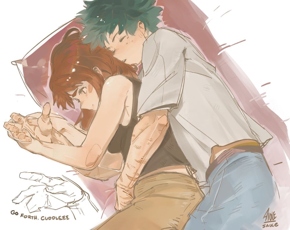 Ochako and Izuku cuddling. Also weird Lil hand sketch in the corner