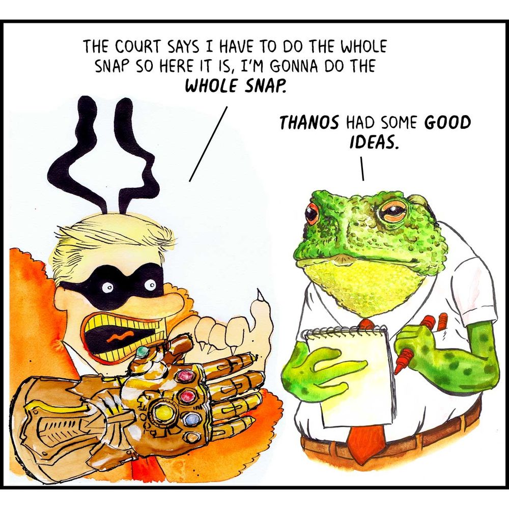 The Orange Meanie is showing off his Infinity Gauntlet to Toad.

Orange Meanie: 
The court says I have to do the whole SNAP so here it is, I'm gonna do the whole snap.
 
Toad: 
Thanos had some good ideas.