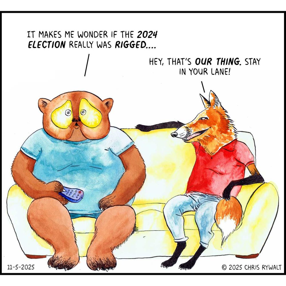 Tanuki: 
It makes me wonder if the 2024 election really was rigged....
 
Fox: 
Hey, that's our thing. Stay in your lane!