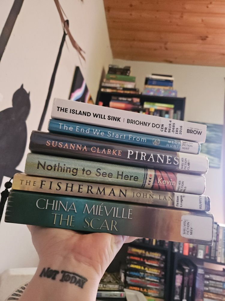 A stack of library books! 
Top to bottom: 
The Island Will Sink
The End We Start From
Piranesi 
Nothing to See Here
The Fisherman
The Scar