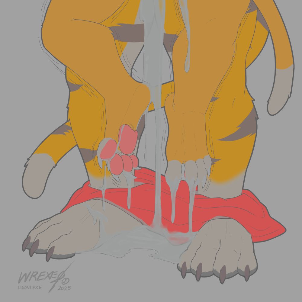 A picture of a large man breeding a smaller man, with the smaller man's legs dangling off the ground and cum gushing onto the floor below.- 