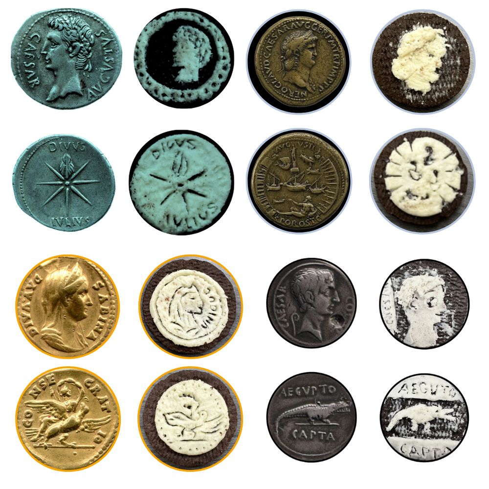 Collage of Roman coins re-created in Oreo! Augustus' Sidus Iulium coin, Nero's Porta Ostia sestertius, a coin with the deification of Sabina, and Augustus' Aegypto Capta crocodile coin...all recreated in Oreo. Optime factum!!!