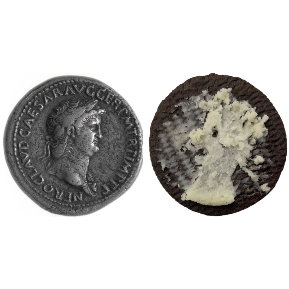 Sestertius of Nero on the left. An Oreo abominable snowman on the right.