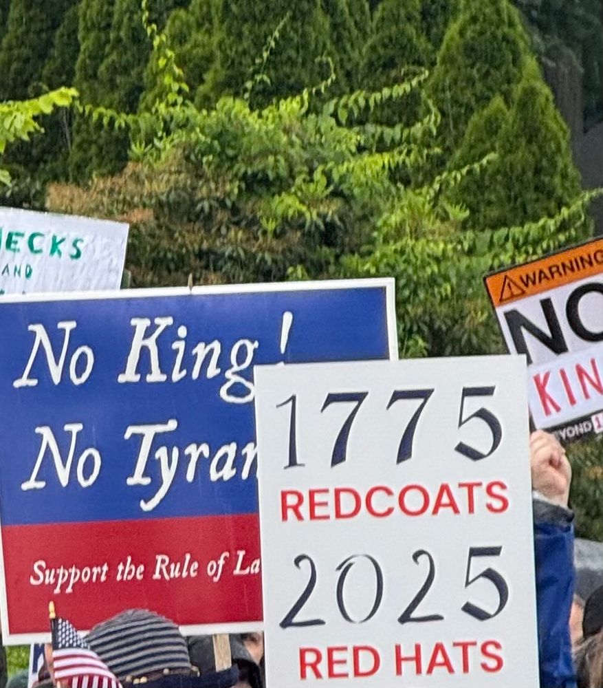 A protest sign that says “no kings, no tyrants, support the rule of law” and one which says “1776 redcoats, 2025 red hats” 