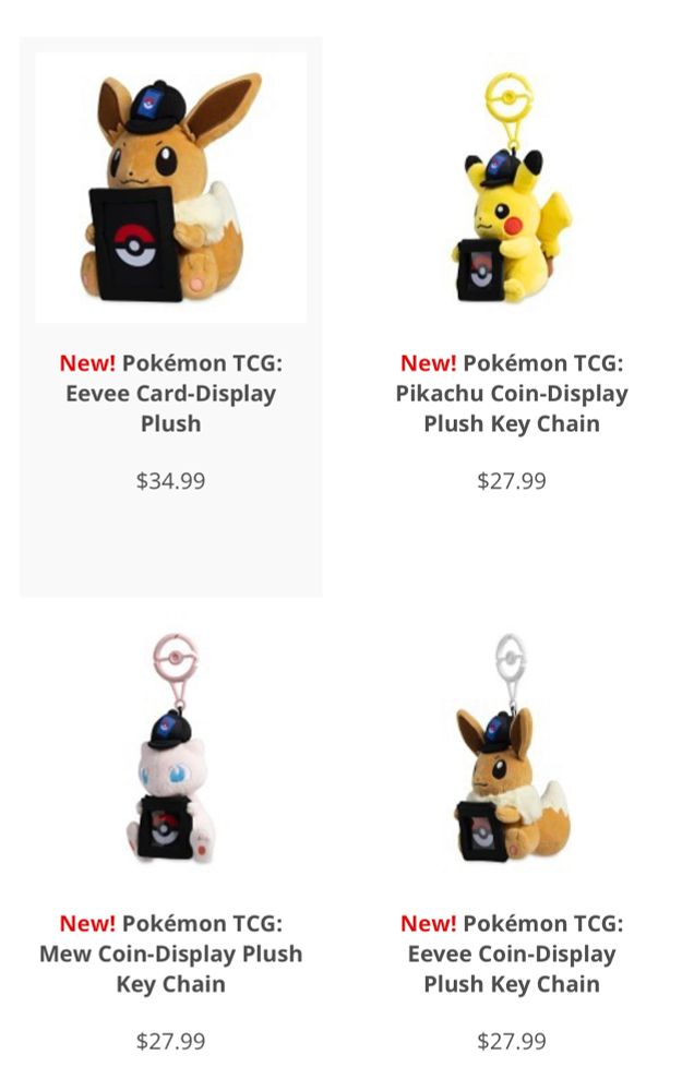 Pokémon plushies for displaying cards and coins. Shown is Pikachu, Eevee and Mew. 
