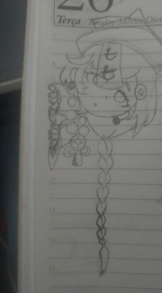 A pencil sketch of Qiqi from Genshin Impact peeking over the side of a wall