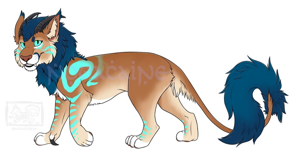 Artwork of a brown Niravar, a large horned feline species from an art role playing game on DeviantArt. It has a blue mane and neon blue markings.