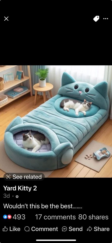 AI-generated image from Facebook of two beautiful fake gray and white cats on a non-existent product called “Yard Kitty 2”—a dual cat bed with plush cat head headboard. 
