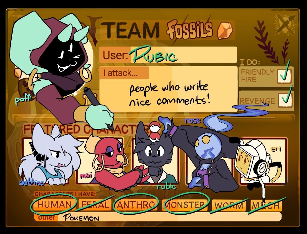 a picture of the "Team Fossils" card for Art Fight, filled out with various drawings of my characters.