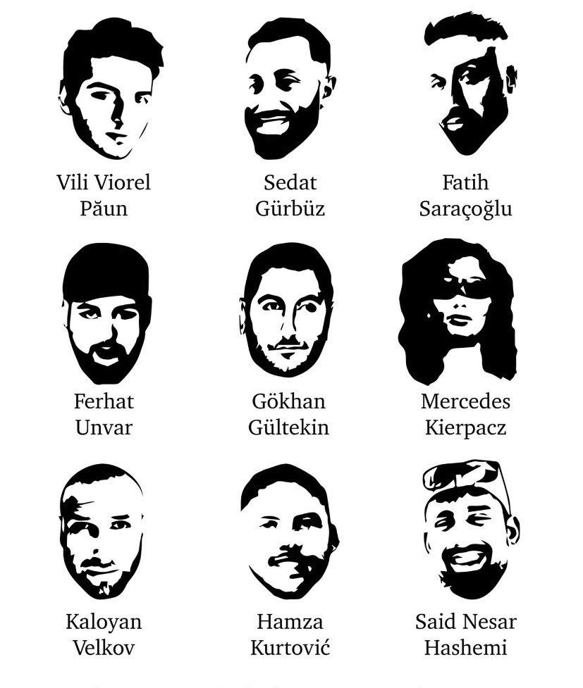 Ein Schwarz/Weiß Bild auf denen die Gesichter der Opfer von Hanau zu sehen sind. Dazu Ihre Namen: . MitGökhan Gültekin, Sedat Gürbüz, Said Nesar Hashemi, Mercedes Kierpacz, Hamza Kurtović, Vili Viorel Păun, Fatih Saraçoğlu, Ferhat Unvar und Kaloyan Velkov.