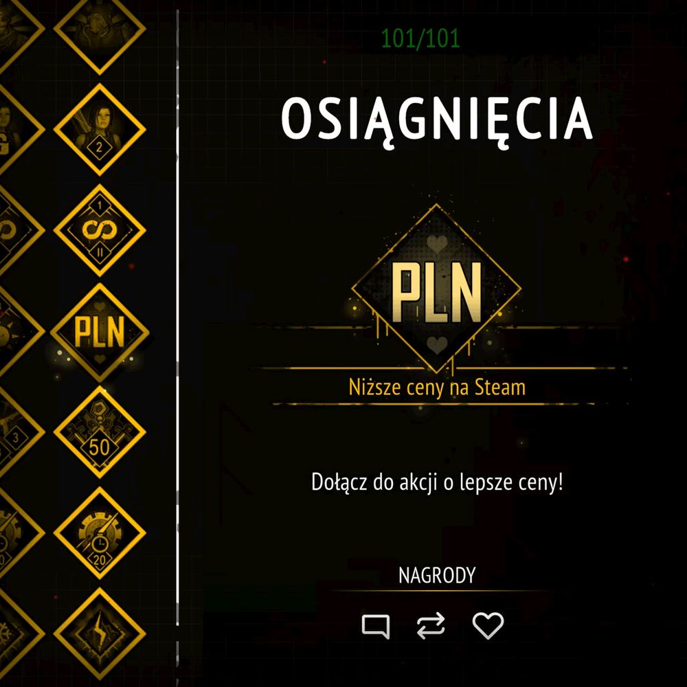 Polish: Ekran osiągnięć wewnątrz gry Yet Another Zombie Survivors, z osiągnięciem "Niższe ceny na Steam - Dołącz do akcji o lepsze ceny!".