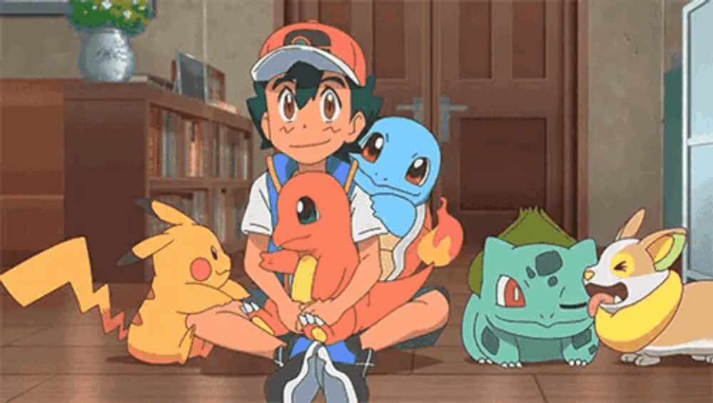 a cartoon character is sitting on the floor holding a pokemon .