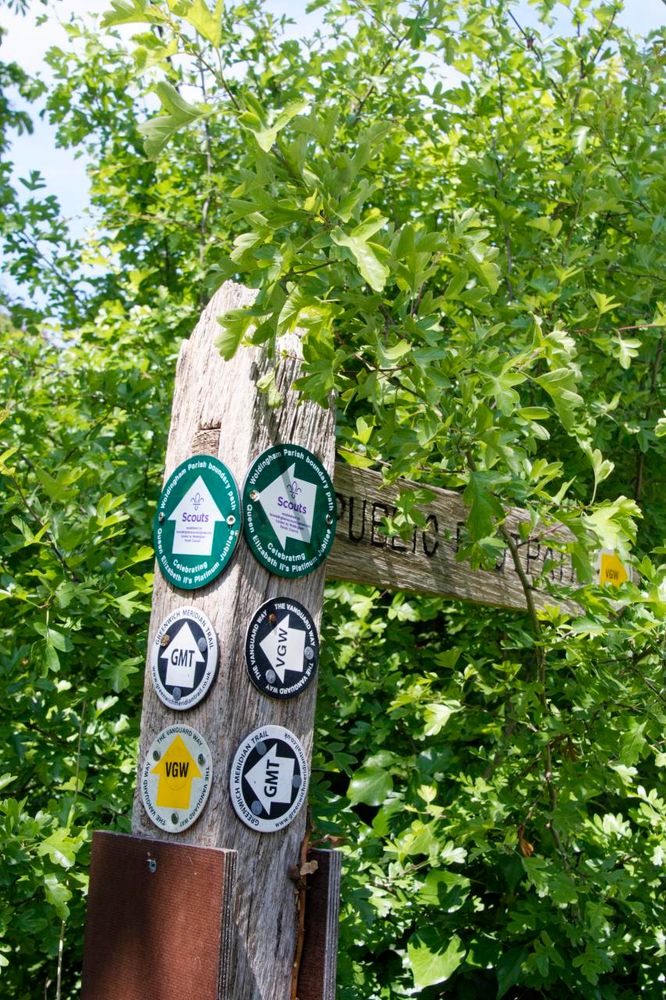 A wooden post has a single wooden pointer to Public Footpath. There are also three sets of circular waymarkers. Two point towards the Vanguard Way, two towards the Greenwich Mean Trail, and two towards the Scouts.