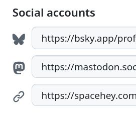 a screenshot showing multiple github profile links: bluesky and mastodon showing the respective icons, spacehey not