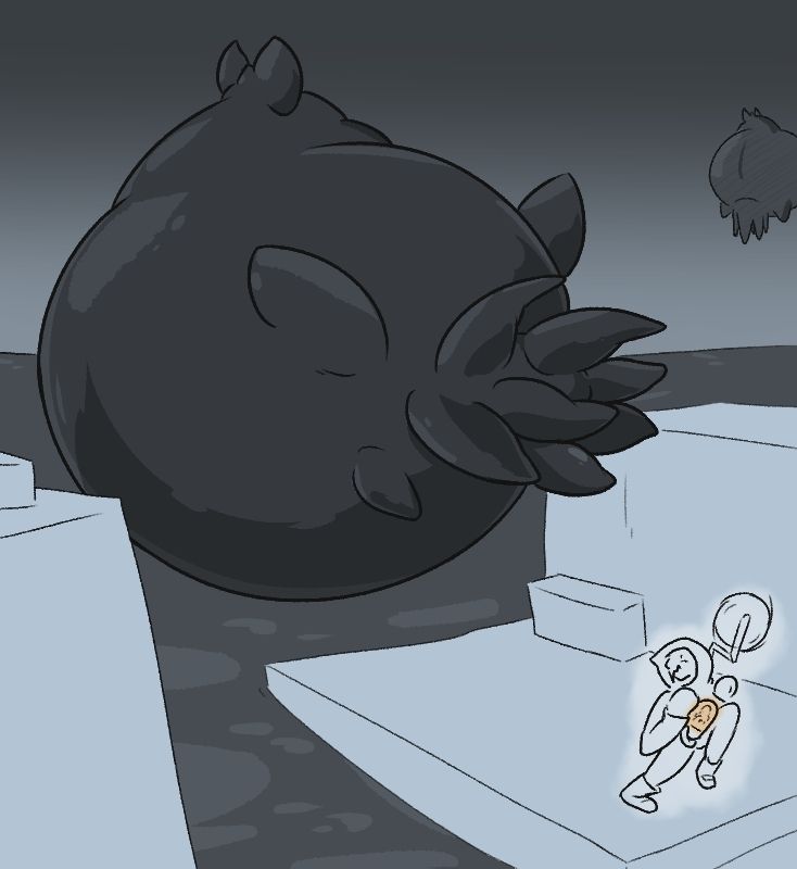 the "Catcher" enemy from Death Stranding, chasing Sam down across a tar-ridden landscape, buildings and ledges floating amongst the waves. Sam is very nervous, his Odradeck spinning like mad, and Lou is just chillin in the womb

another Catcher floats lazily in the sky, face-down


Artist's Note: Death Stranding is a very fun game. Used to play the first one over at a good friend's house, back when he had a PS4. Back when Death Stranding was still kinda "Mainstream Weird", before it got its (very deserved) reassessment. Those were some very nice, chill days.

Did you know that game got *really* close to making me bawl my eyes out? Very few pieces of media get me to do that.