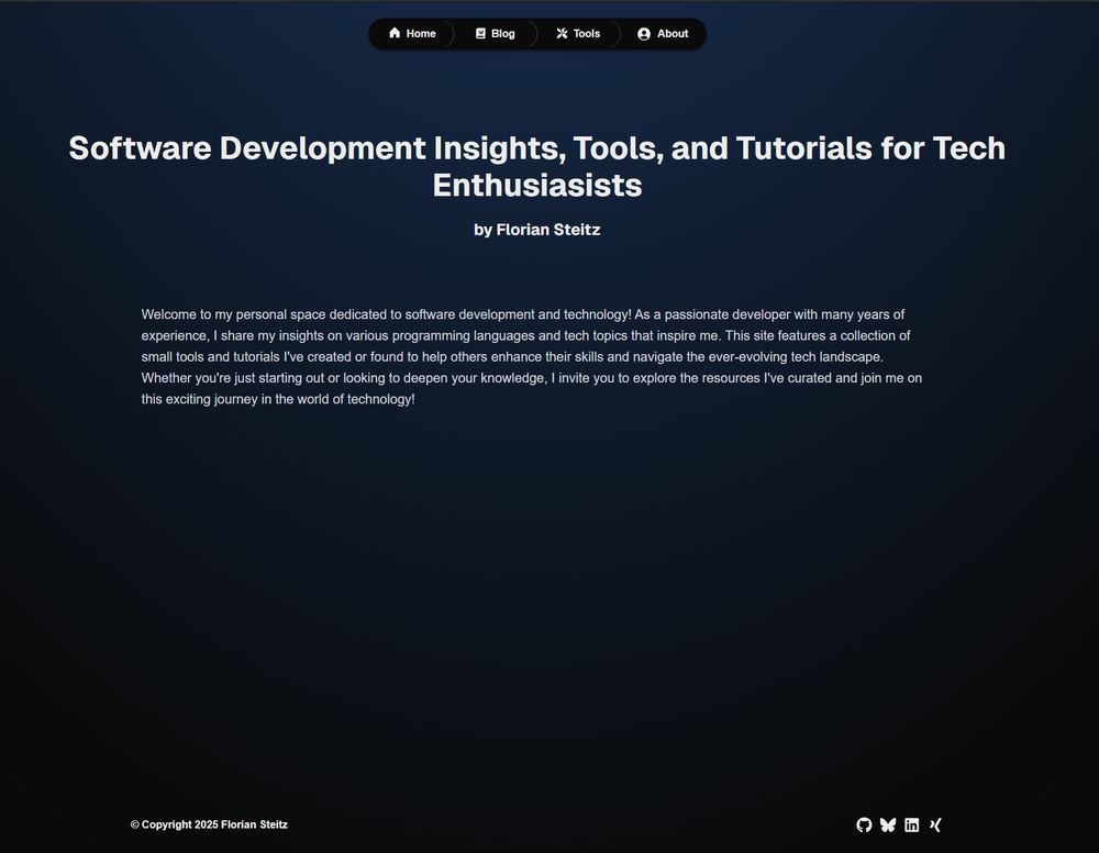Screenshot of my new website design. A very dark background with a dark blue gradient and white text.